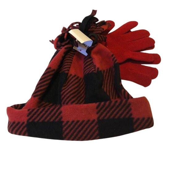 Basic Edition Girls Winter Fleece Hat & Mitten 2 Pc Set Red Black Unisex Plaid - Picture 1 of 4